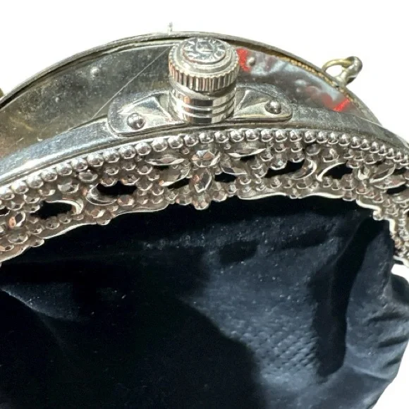 Vintage Victorian Style Silver Tone Mounted Black Velvet Bag with Belt Clip - Picture 10 of 14